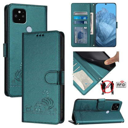 Google Pixel 4A 5G Cat & Rat Embossed RFID Leather Case, Lanyard, Wallet, Card Slots, Kickstand, Anti-Fall, Scratch-Resistant