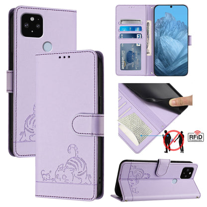 Google Pixel 4A 5G Cat & Rat Embossed RFID Leather Case, Lanyard, Wallet, Card Slots, Kickstand, Anti-Fall, Scratch-Resistant