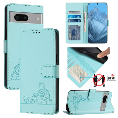 Google Pixel 7 5G Cat & Rat Embossed RFID Leather Case, Lanyard, Wallet, Card Slots, Kickstand, Anti-Fall, Scratch-Resistant