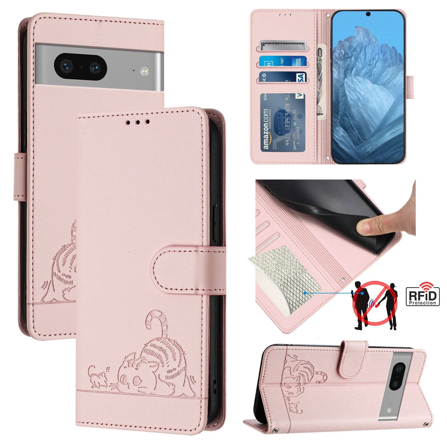Google Pixel 7 5G Cat & Rat Embossed RFID Leather Case, Lanyard, Wallet, Card Slots, Kickstand, Anti-Fall, Scratch-Resistant