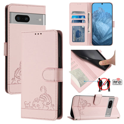 Google Pixel 7 5G Cat & Rat Embossed RFID Leather Case, Lanyard, Wallet, Card Slots, Kickstand, Anti-Fall, Scratch-Resistant