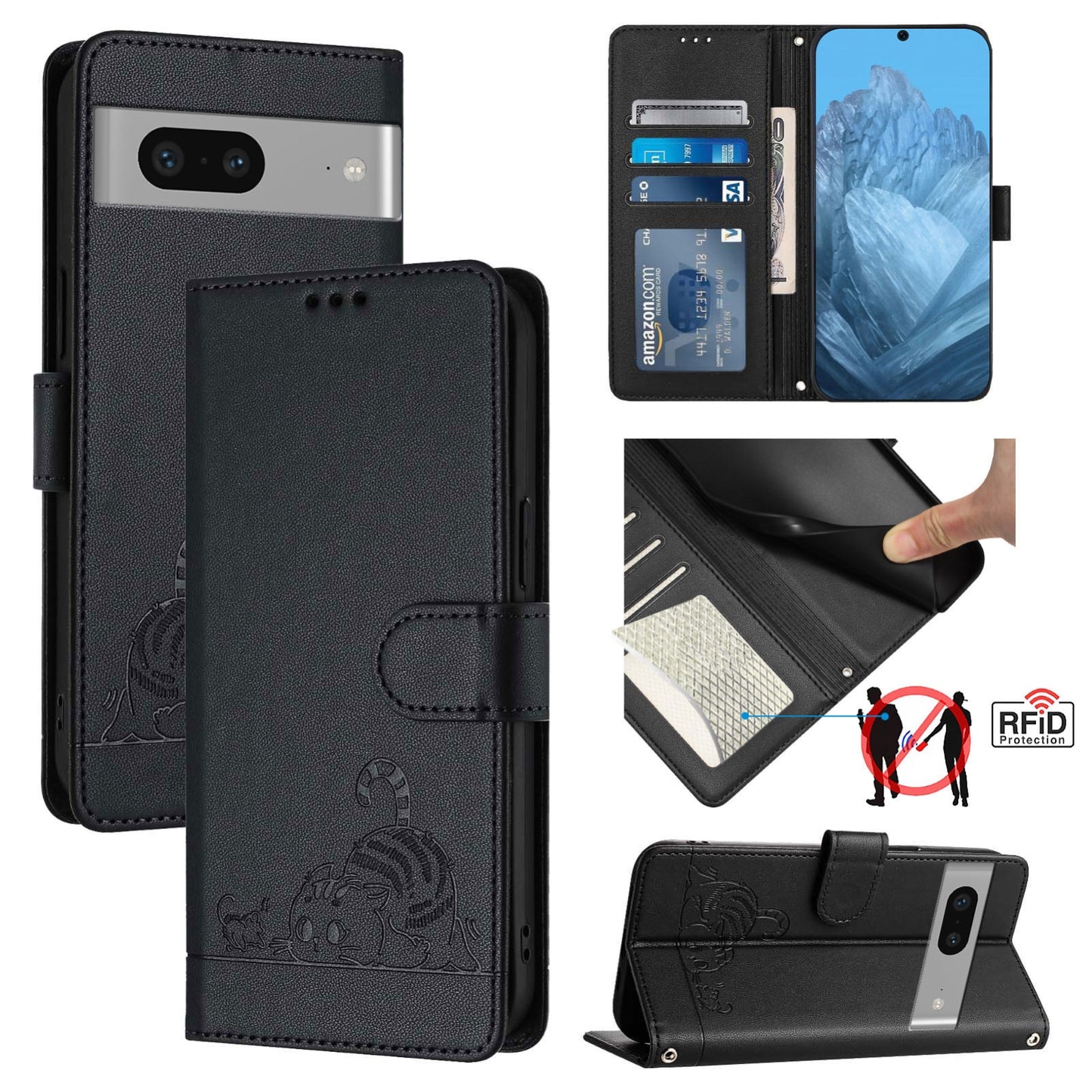 Google Pixel 7 5G Cat & Rat Embossed RFID Leather Case, Lanyard, Wallet, Card Slots, Kickstand, Anti-Fall, Scratch-Resistant