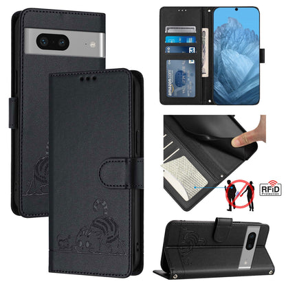 Google Pixel 7 5G Cat & Rat Embossed RFID Leather Case, Lanyard, Wallet, Card Slots, Kickstand, Anti-Fall, Scratch-Resistant