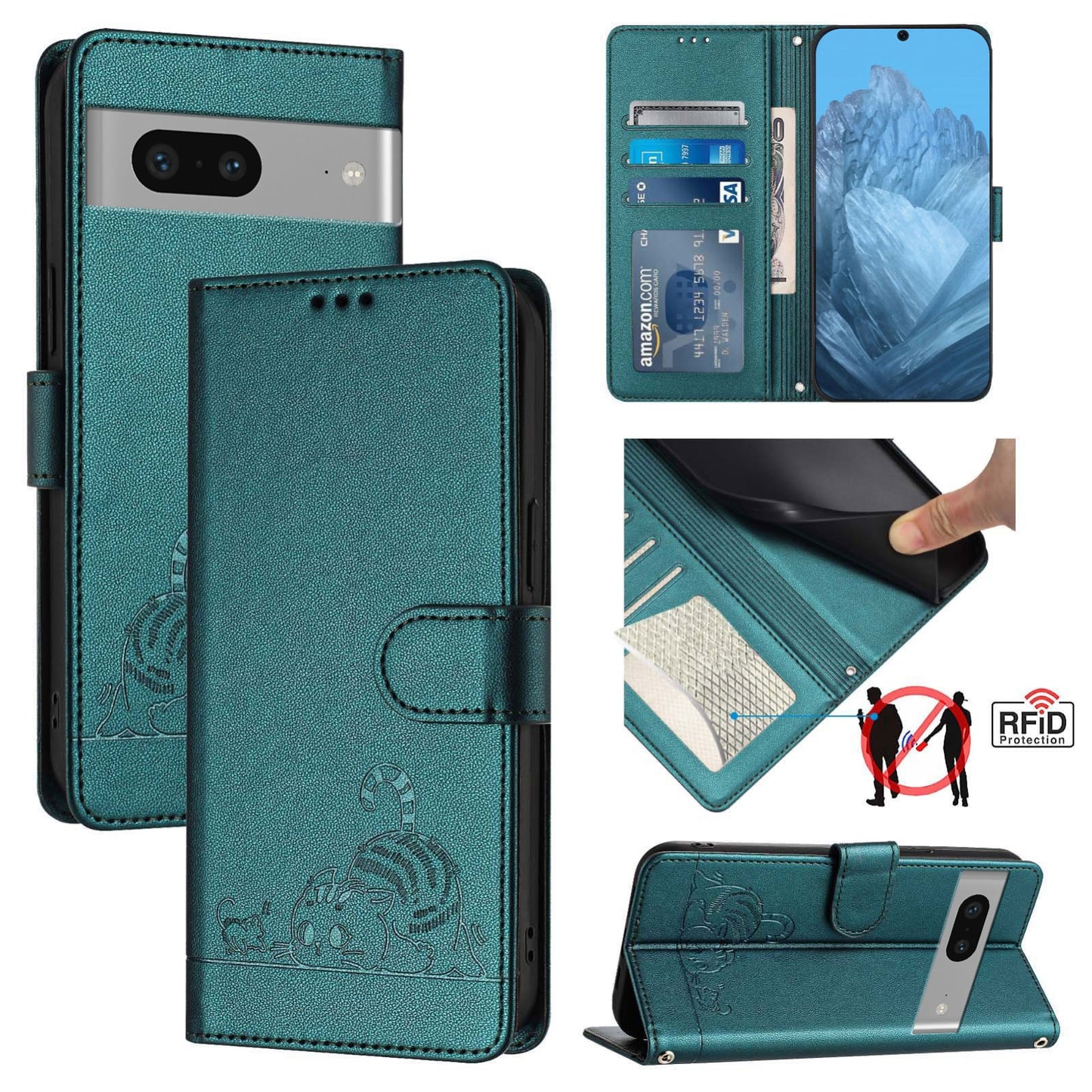 Google Pixel 7 5G Cat & Rat Embossed RFID Leather Case, Lanyard, Wallet, Card Slots, Kickstand, Anti-Fall, Scratch-Resistant