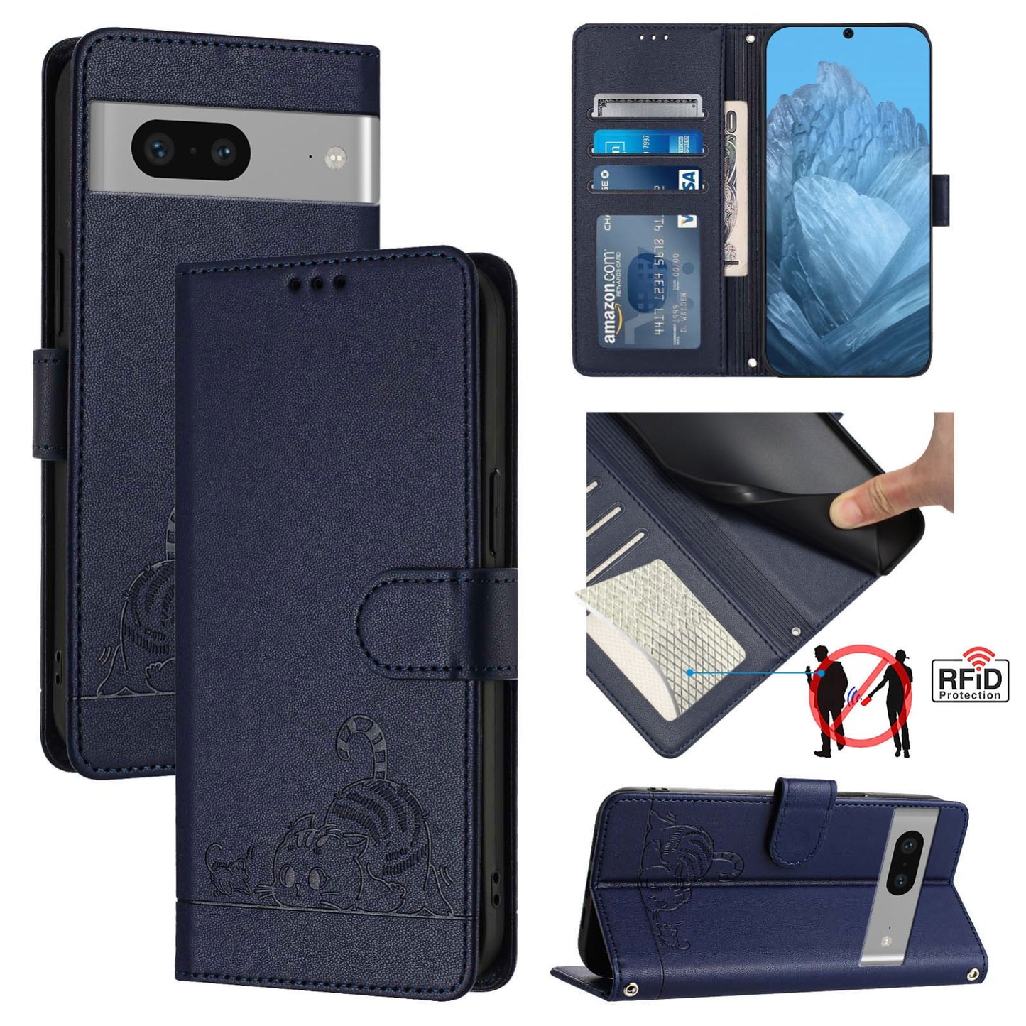 Google Pixel 7 5G Cat & Rat Embossed RFID Leather Case, Lanyard, Wallet, Card Slots, Kickstand, Anti-Fall, Scratch-Resistant