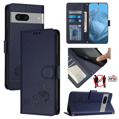 Google Pixel 7 5G Cat & Rat Embossed RFID Leather Case, Lanyard, Wallet, Card Slots, Kickstand, Anti-Fall, Scratch-Resistant