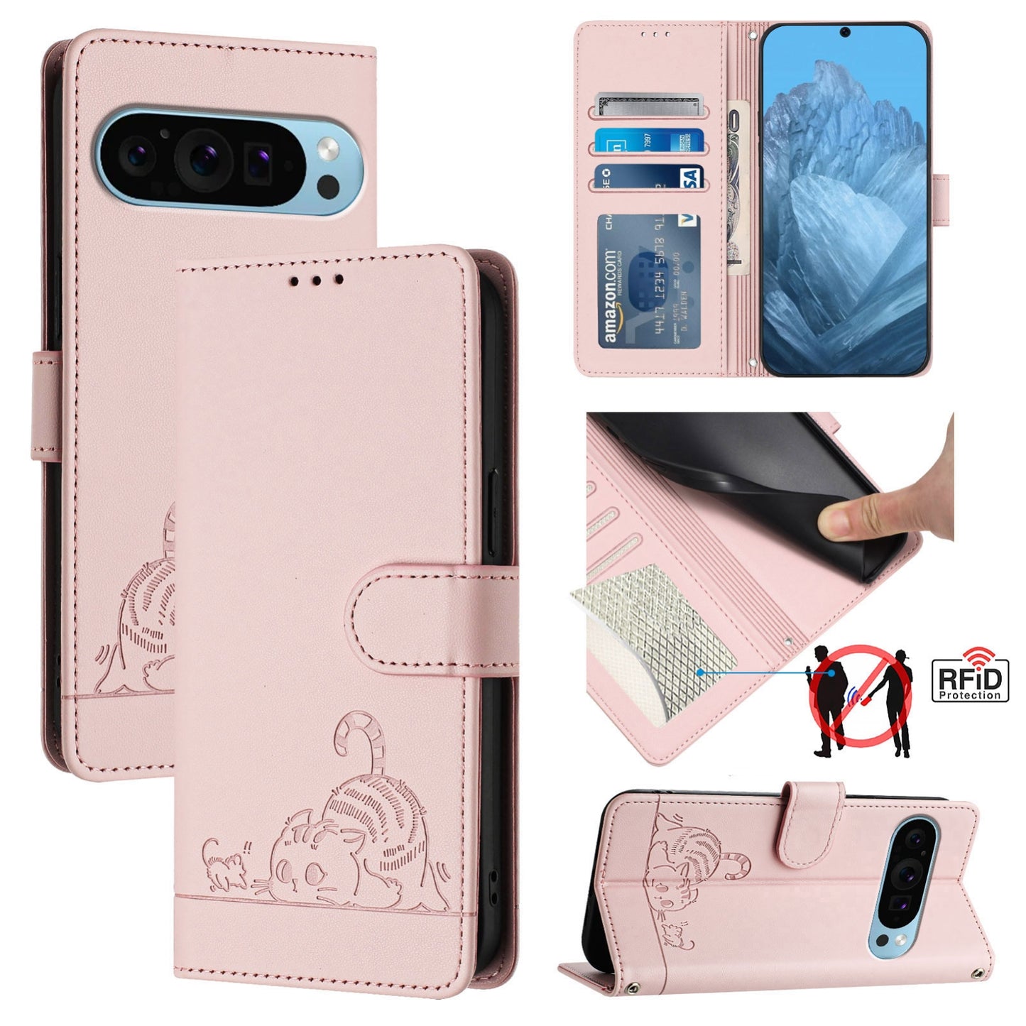 Google Pixel 9 Pro XL Cat & Rat Embossed RFID Leather Case, Lanyard, Wallet, Card Slots, Kickstand, Anti-Fall, Scratch-Resistant