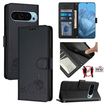 Google Pixel 9 Pro XL Cat & Rat Embossed RFID Leather Case, Lanyard, Wallet, Card Slots, Kickstand, Anti-Fall, Scratch-Resistant