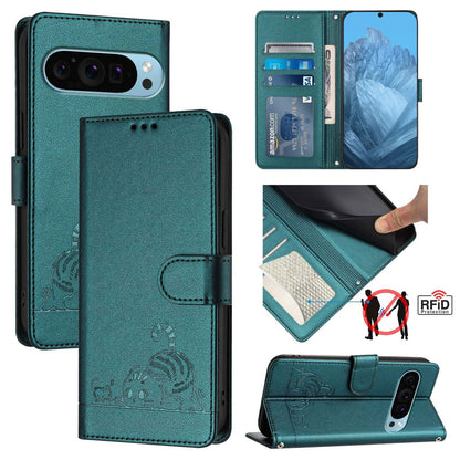 Google Pixel 9 Pro XL Cat & Rat Embossed RFID Leather Case, Lanyard, Wallet, Card Slots, Kickstand, Anti-Fall, Scratch-Resistant