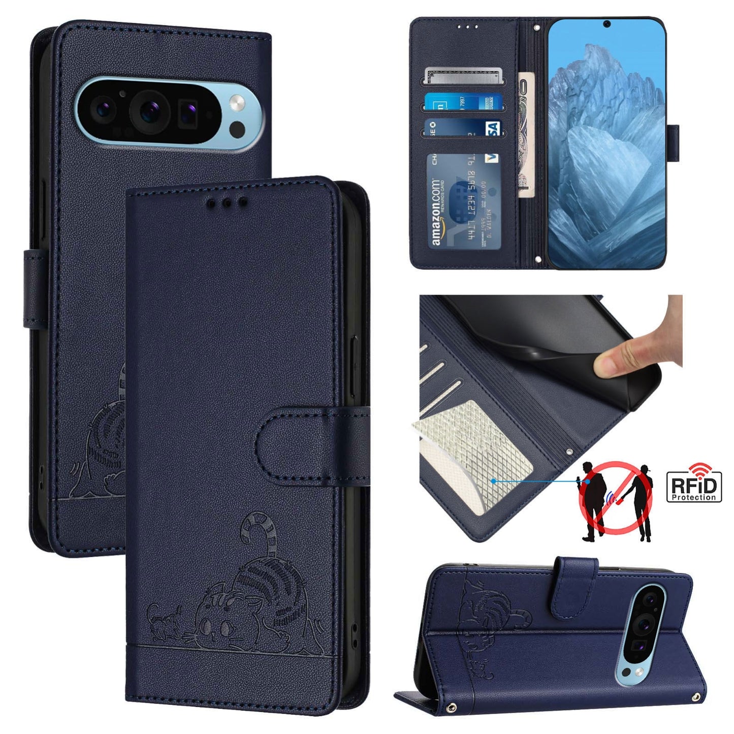 Google Pixel 9 Pro XL Cat & Rat Embossed RFID Leather Case, Lanyard, Wallet, Card Slots, Kickstand, Anti-Fall, Scratch-Resistant