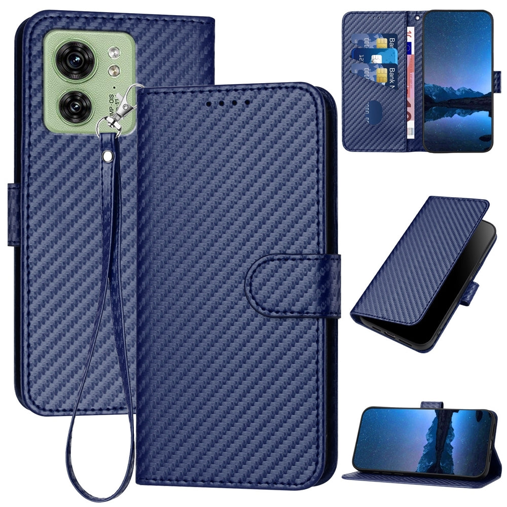 Motorola Edge 40 Carbon Fiber Buckle Leather Phone Case with Lanyard, PU Leather TPU Wallet Cover with Card Slot, Cash Compartment, Stand Function & Scratch Protection