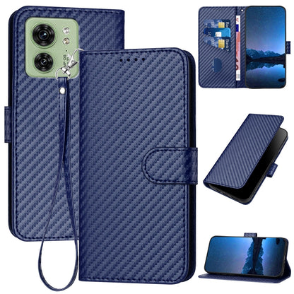 Motorola Edge 40 Carbon Fiber Buckle Leather Phone Case with Lanyard, PU Leather TPU Wallet Cover with Card Slot, Cash Compartment, Stand Function & Scratch Protection