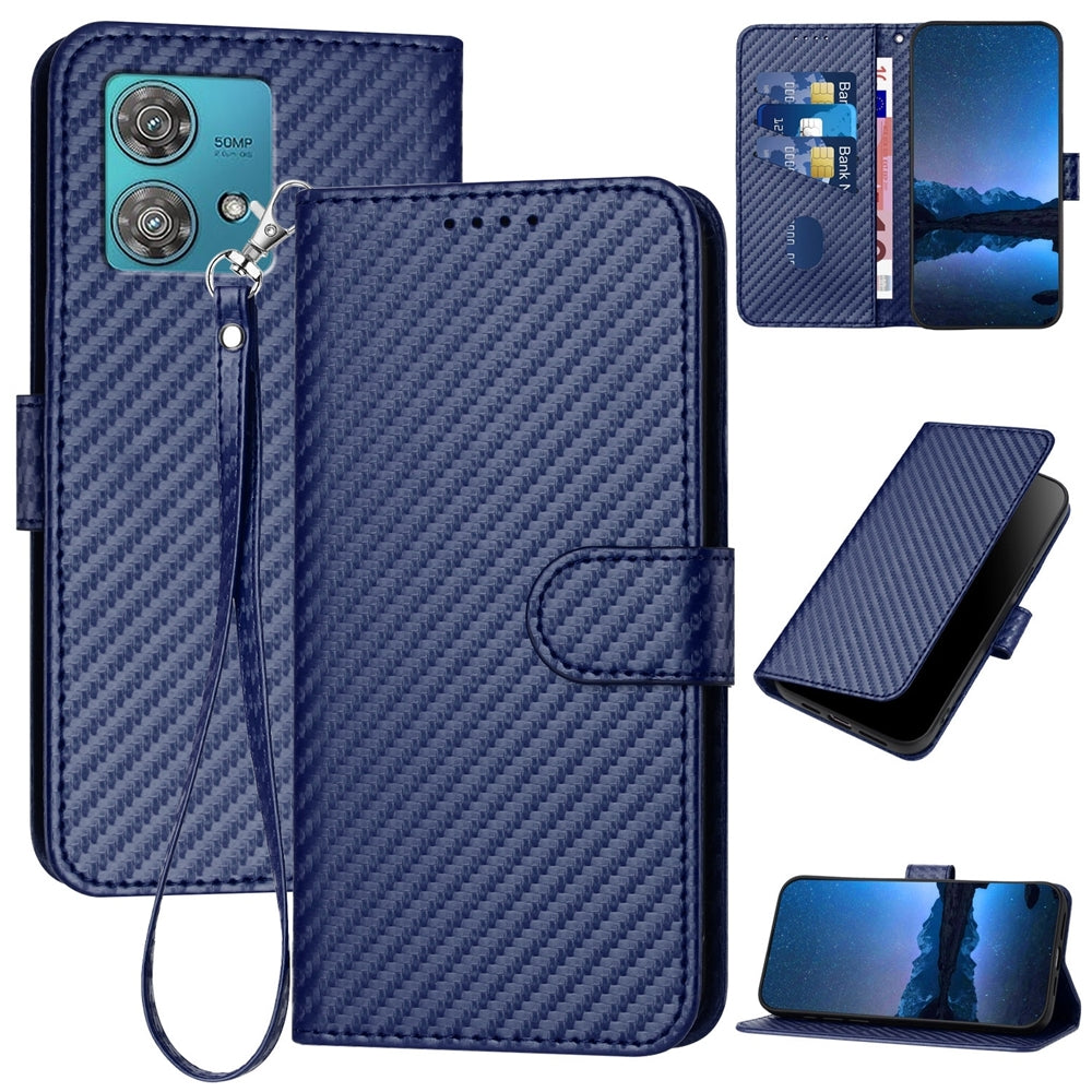 Motorola Edge 40 Neo 5G Carbon Fiber Buckle Leather Phone Case with Lanyard, PU Leather TPU Wallet Cover with Card Slot, Cash Compartment, Stand Function & Scratch Protection