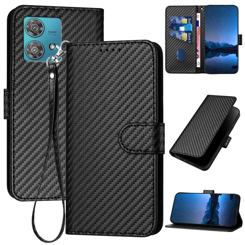 Motorola Edge 40 Neo 5G Carbon Fiber Buckle Leather Phone Case with Lanyard, PU Leather TPU Wallet Cover with Card Slot, Cash Compartment, Stand Function & Scratch Protection