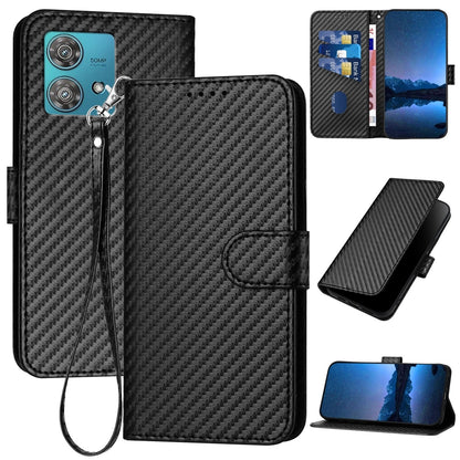 Motorola Edge 40 Neo 5G Carbon Fiber Buckle Leather Phone Case with Lanyard, PU Leather TPU Wallet Cover with Card Slot, Cash Compartment, Stand Function & Scratch Protection