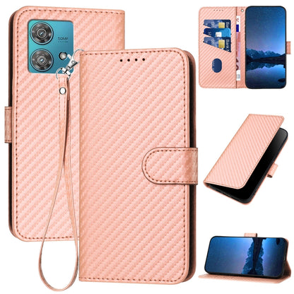 Motorola Edge 40 Neo 5G Carbon Fiber Buckle Leather Phone Case with Lanyard, PU Leather TPU Wallet Cover with Card Slot, Cash Compartment, Stand Function & Scratch Protection