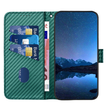 Motorola Edge 40 Neo 5G Carbon Fiber Buckle Leather Phone Case with Lanyard, PU Leather TPU Wallet Cover with Card Slot, Cash Compartment, Stand Function & Scratch Protection