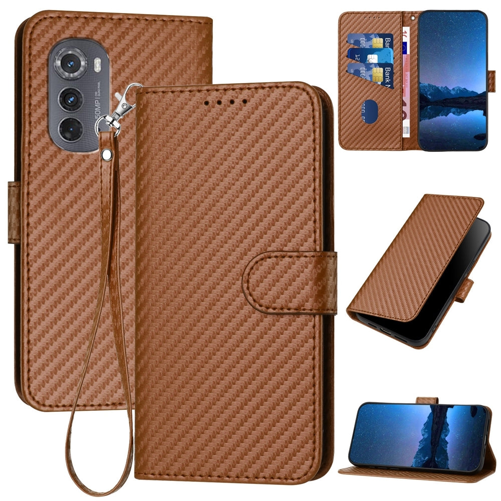 Motorola Edge 2022 Carbon Fiber Buckle Leather Phone Case with Lanyard, PU Leather TPU Wallet Cover with Card Slot, Cash Compartment, Stand Function & Scratch Protection