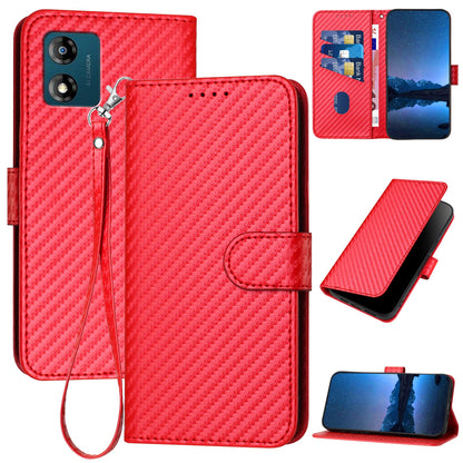 Motorola Moto E13 Carbon Fiber Buckle Leather Phone Case with Lanyard, PU Leather TPU Wallet Cover with Card Slot, Cash Compartment, Stand Function & Scratch Protection