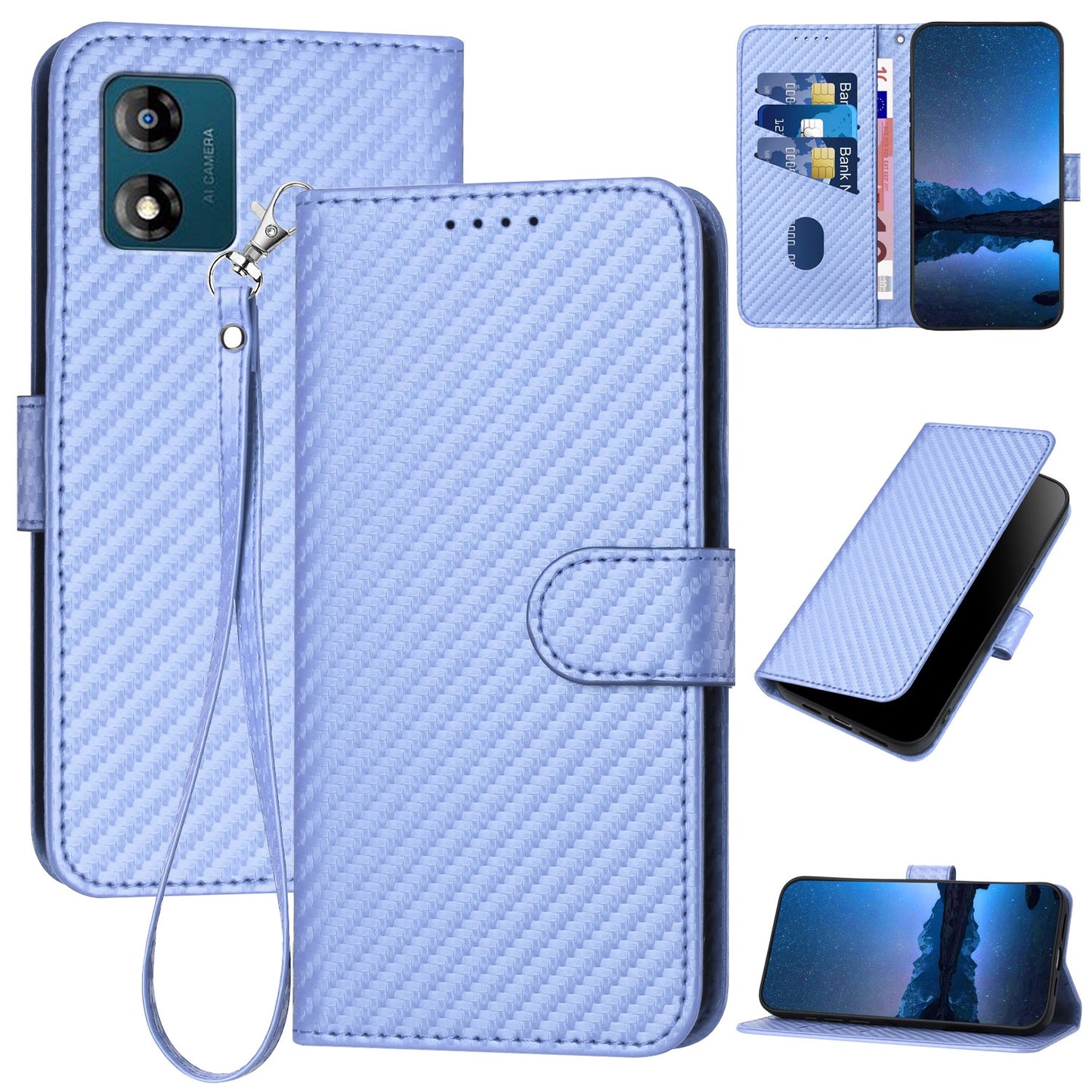 Motorola Moto E13 Carbon Fiber Buckle Leather Phone Case with Lanyard, PU Leather TPU Wallet Cover with Card Slot, Cash Compartment, Stand Function & Scratch Protection