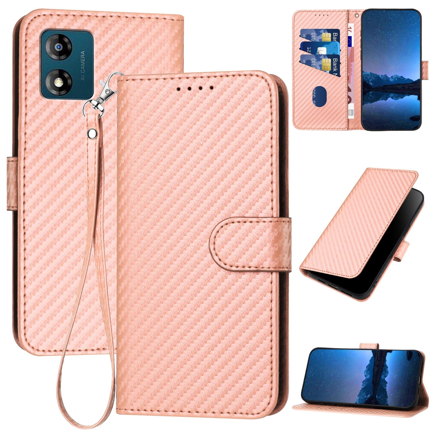 Motorola Moto E13 Carbon Fiber Buckle Leather Phone Case with Lanyard, PU Leather TPU Wallet Cover with Card Slot, Cash Compartment, Stand Function & Scratch Protection