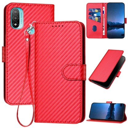 Motorola Moto E20 Carbon Fiber Buckle Leather Phone Case with Lanyard, PU Leather TPU Wallet Cover with Card Slot, Cash Compartment, Stand Function & Scratch Protection
