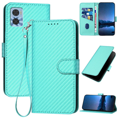 Motorola Moto E22 Carbon Fiber Buckle Leather Phone Case with Lanyard, PU Leather TPU Wallet Cover with Card Slot, Cash Compartment, Stand Function & Scratch Protection