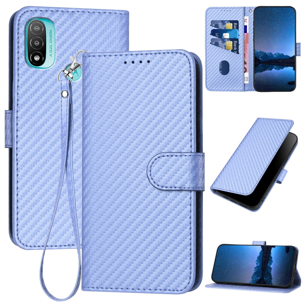 Motorola Moto E40 Carbon Fiber Buckle Leather Phone Case with Lanyard, PU Leather TPU Wallet Cover with Card Slot, Cash Compartment, Stand Function & Scratch Protection