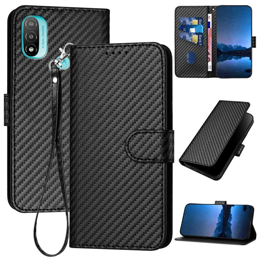 Motorola Moto E40 Carbon Fiber Buckle Leather Phone Case with Lanyard, PU Leather TPU Wallet Cover with Card Slot, Cash Compartment, Stand Function & Scratch Protection