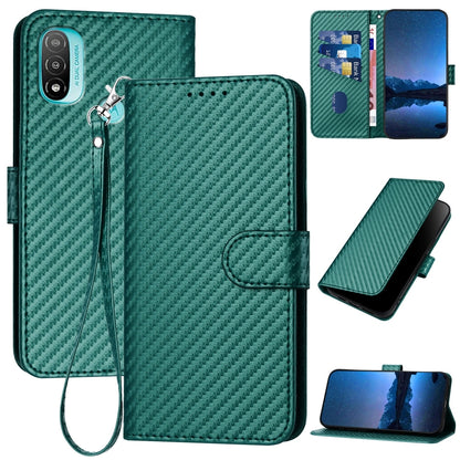 Motorola Moto E30 Carbon Fiber Buckle Leather Phone Case with Lanyard, PU Leather TPU Wallet Cover with Card Slot, Cash Compartment, Stand Function & Scratch Protection