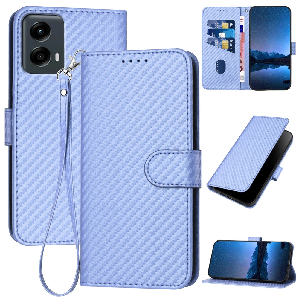 Motorola Moto G 5G 2024 Carbon Fiber Buckle Leather Phone Case with Lanyard, PU Leather TPU Wallet Cover with Card Slot, Cash Compartment, Stand Function & Scratch Protection
