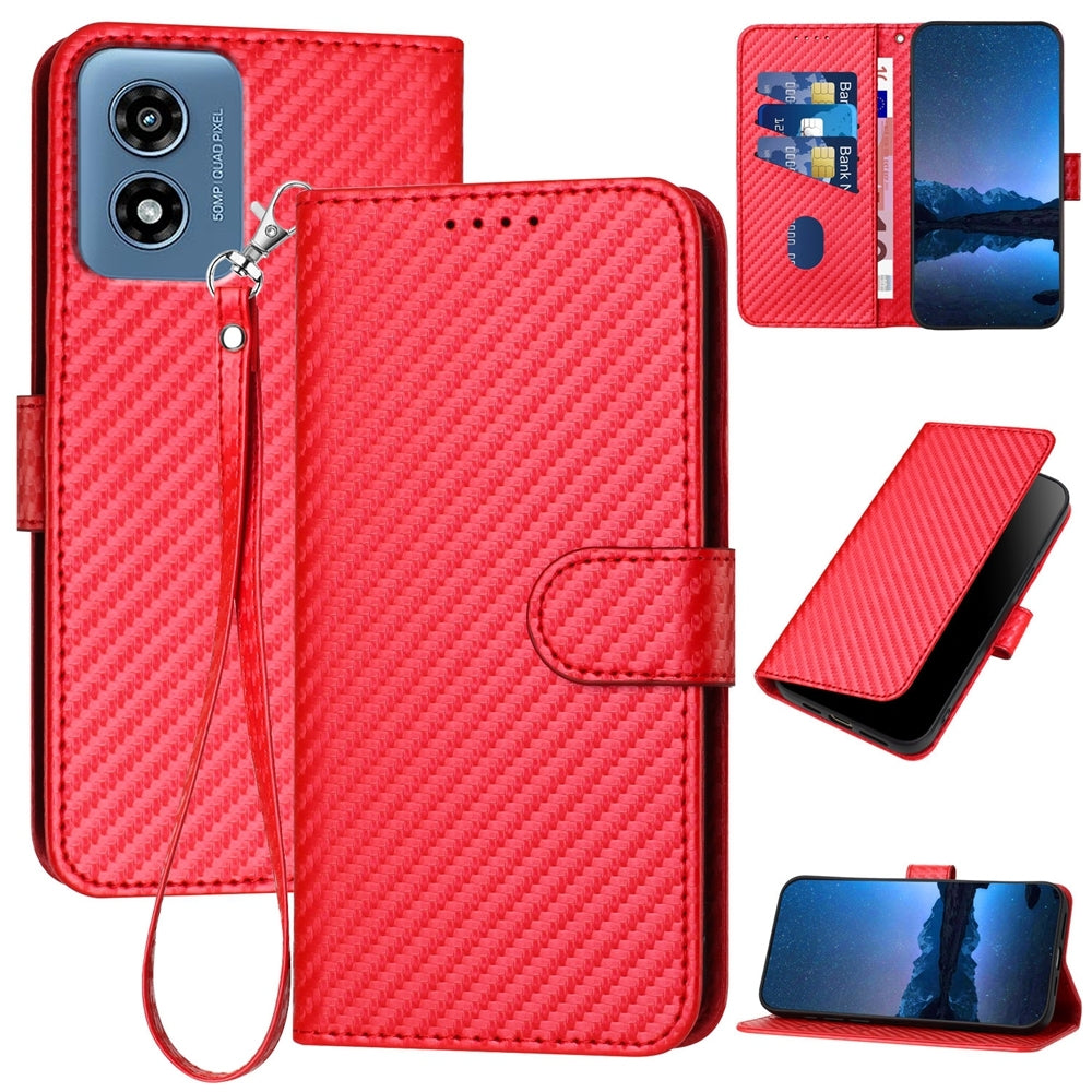 Motorola Moto G Play 4G 2024 Carbon Fiber Buckle Leather Phone Case with Lanyard, PU Leather TPU Wallet Cover with Card Slot, Cash Compartment, Stand Function & Scratch Protection