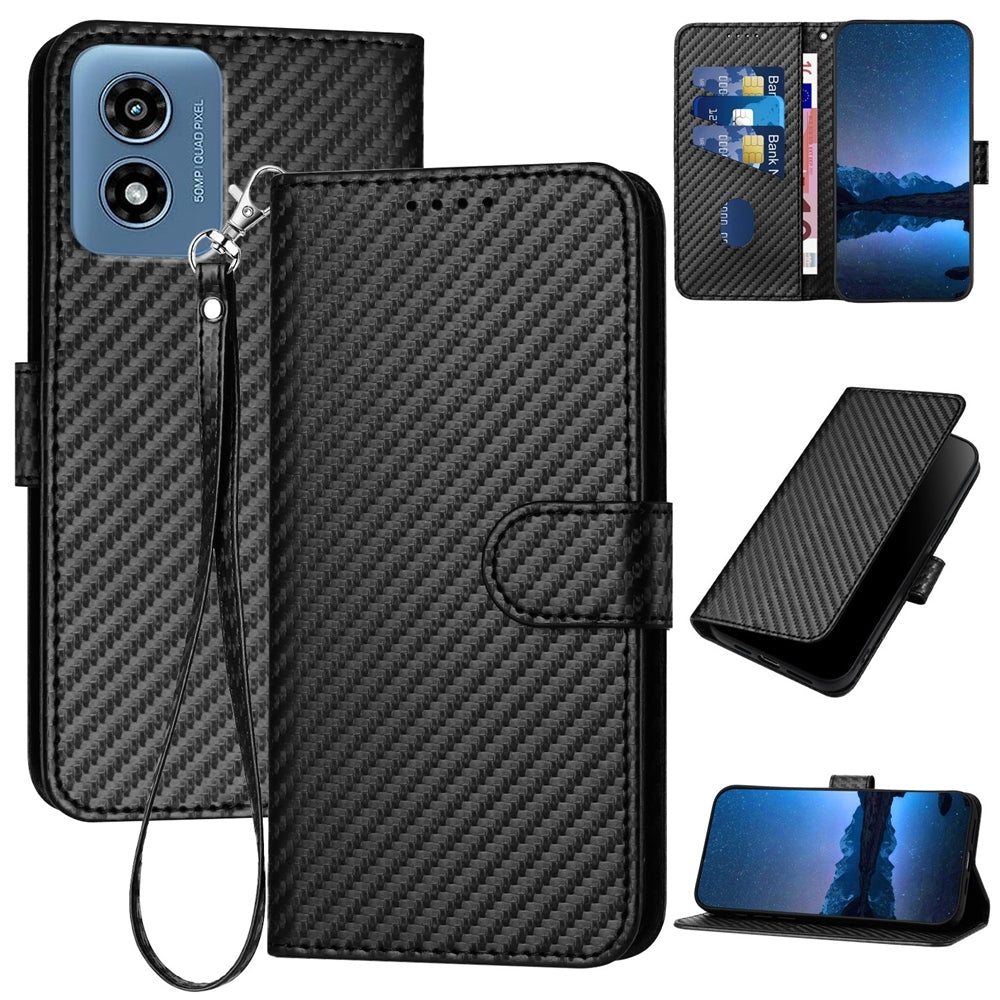 Motorola Moto G Play 4G 2024 Carbon Fiber Buckle Leather Phone Case with Lanyard, PU Leather TPU Wallet Cover with Card Slot, Cash Compartment, Stand Function & Scratch Protection