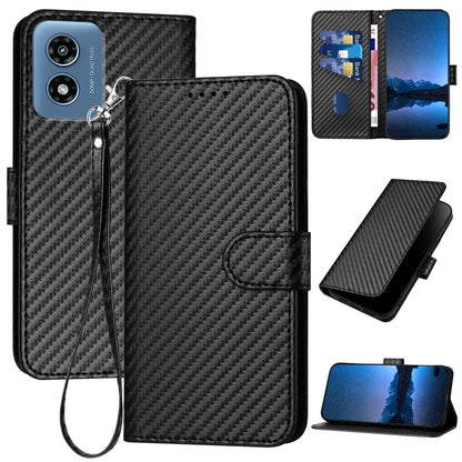 Motorola Moto G Play 4G 2024 Carbon Fiber Buckle Leather Phone Case with Lanyard, PU Leather TPU Wallet Cover with Card Slot, Cash Compartment, Stand Function & Scratch Protection