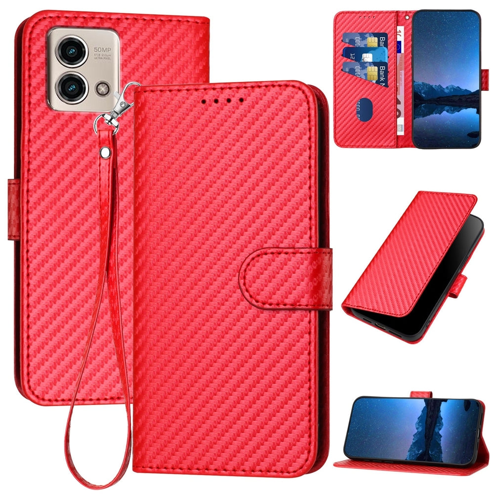 Motorola Moto G Stylus 5G 2023 Carbon Fiber Buckle Leather Phone Case with Lanyard, PU Leather TPU Wallet Cover with Card Slot, Cash Compartment, Stand Function & Scratch Protection