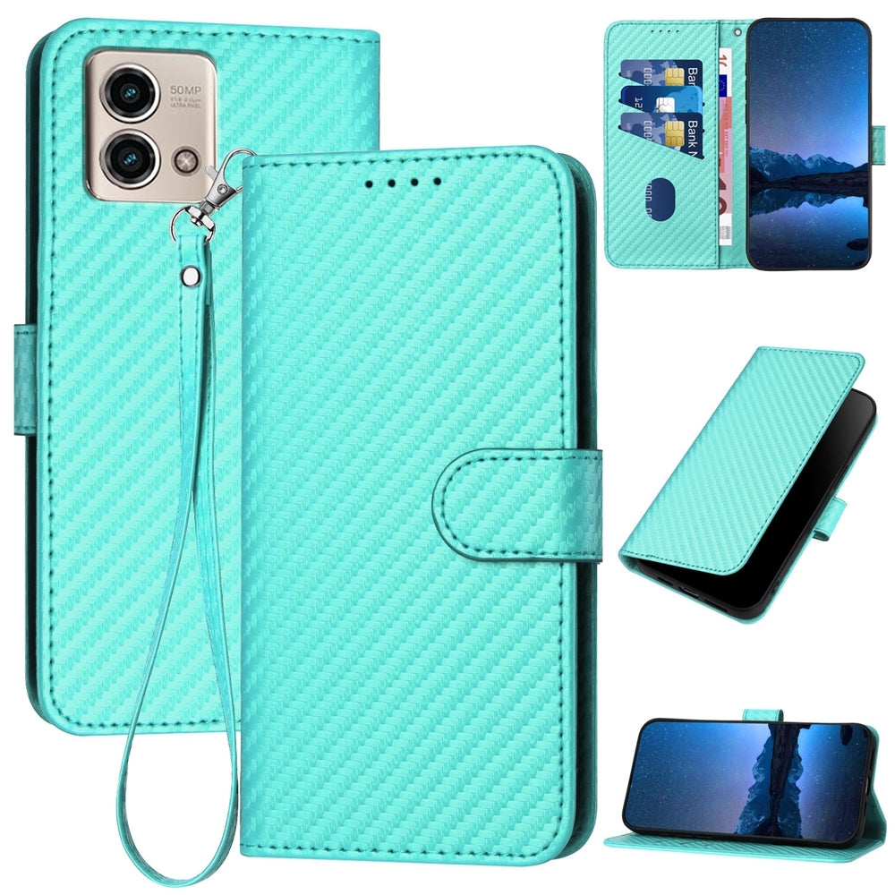 Motorola Moto G Stylus 5G 2023 Carbon Fiber Buckle Leather Phone Case with Lanyard, PU Leather TPU Wallet Cover with Card Slot, Cash Compartment, Stand Function & Scratch Protection