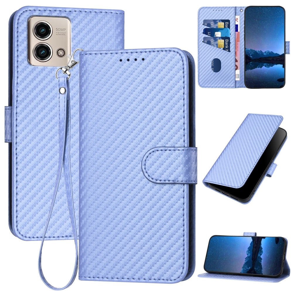 Motorola Moto G Stylus 5G 2023 Carbon Fiber Buckle Leather Phone Case with Lanyard, PU Leather TPU Wallet Cover with Card Slot, Cash Compartment, Stand Function & Scratch Protection