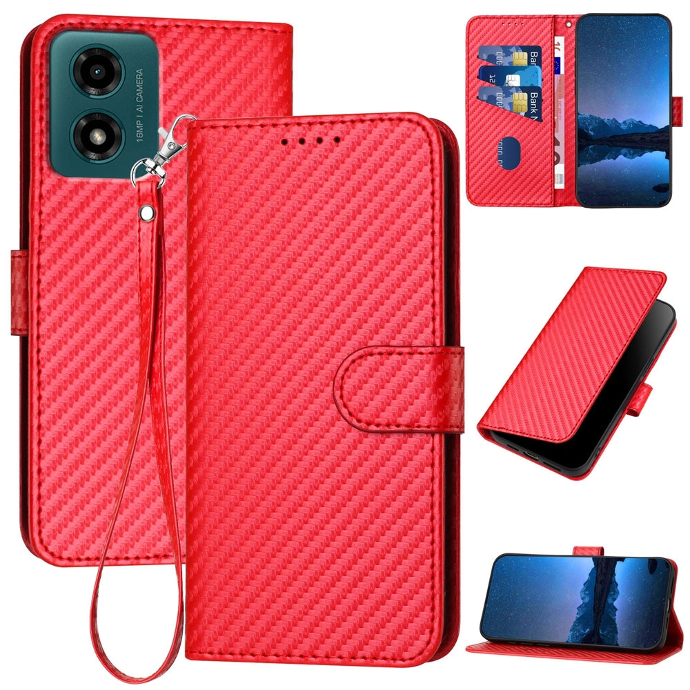 Motorola Moto G04 Carbon Fiber Buckle Leather Phone Case with Lanyard, PU Leather TPU Wallet Cover with Card Slot, Cash Compartment, Stand Function & Scratch Protection