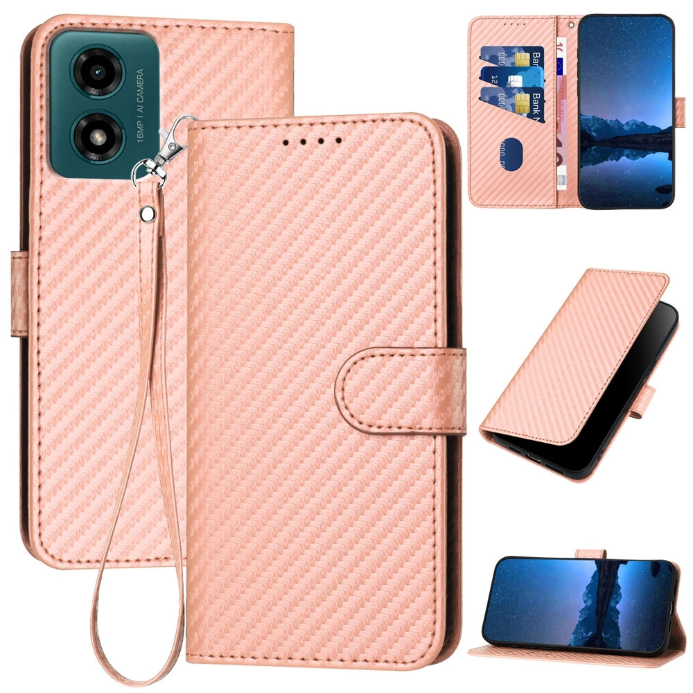 Motorola Moto G24 Carbon Fiber Buckle Leather Phone Case with Lanyard, PU Leather TPU Wallet Cover with Card Slot, Cash Compartment, Stand Function & Scratch Protection