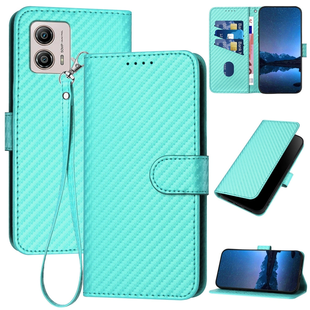 Motorola Moto G13 Carbon Fiber Buckle Leather Phone Case with Lanyard, PU Leather TPU Wallet Cover with Card Slot, Cash Compartment, Stand Function & Scratch Protection