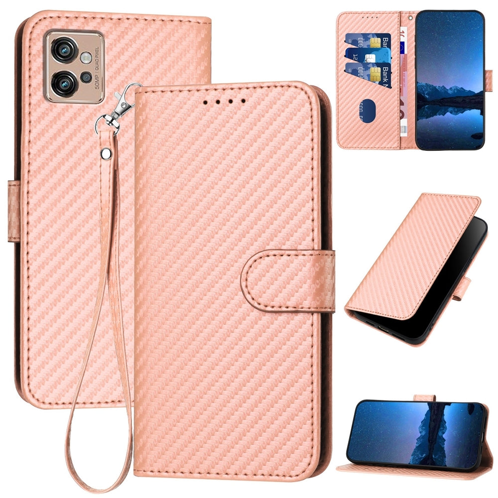 Motorola Moto G32 Carbon Fiber Buckle Leather Phone Case with Lanyard, PU Leather TPU Wallet Cover with Card Slot, Cash Compartment, Stand Function & Scratch Protection