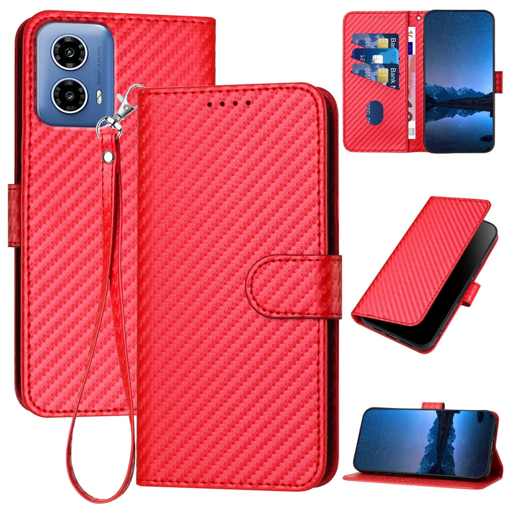 Motorola Moto G34 Carbon Fiber Buckle Leather Phone Case with Lanyard, PU Leather TPU Wallet Cover with Card Slot, Cash Compartment, Stand Function & Scratch Protection