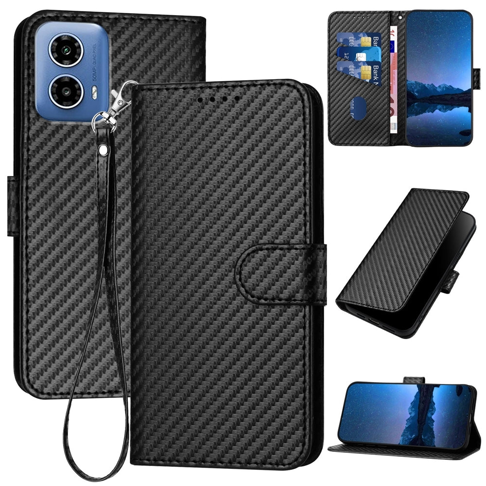 Motorola Moto G34 Carbon Fiber Buckle Leather Phone Case with Lanyard, PU Leather TPU Wallet Cover with Card Slot, Cash Compartment, Stand Function & Scratch Protection