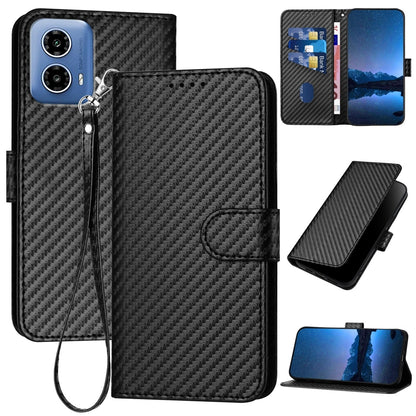 Motorola Moto G34 Carbon Fiber Buckle Leather Phone Case with Lanyard, PU Leather TPU Wallet Cover with Card Slot, Cash Compartment, Stand Function & Scratch Protection