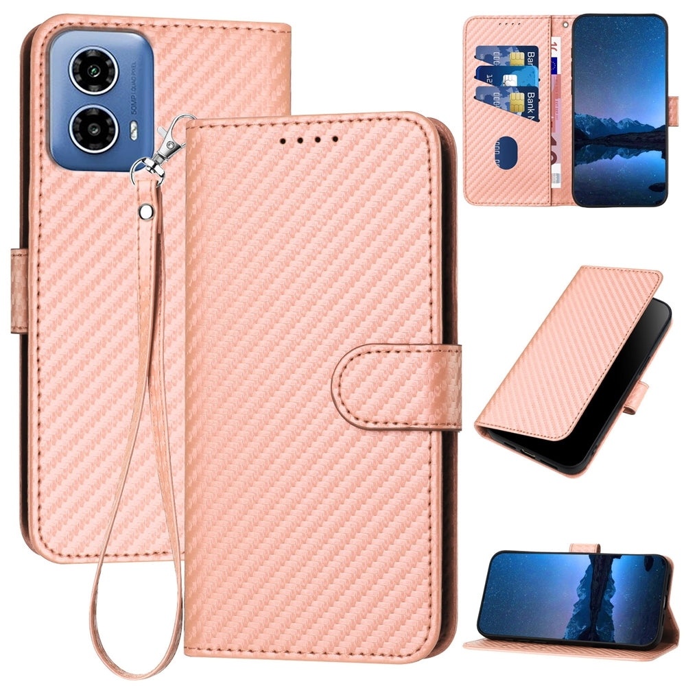 Motorola Moto G34 Carbon Fiber Buckle Leather Phone Case with Lanyard, PU Leather TPU Wallet Cover with Card Slot, Cash Compartment, Stand Function & Scratch Protection