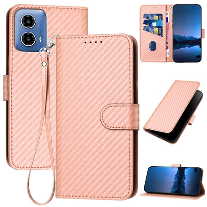 Motorola Moto G34 Carbon Fiber Buckle Leather Phone Case with Lanyard, PU Leather TPU Wallet Cover with Card Slot, Cash Compartment, Stand Function & Scratch Protection