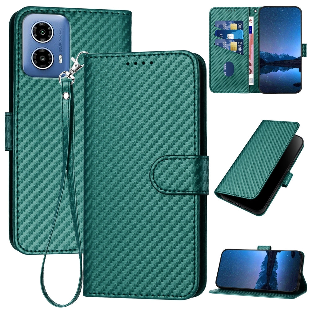 Motorola Moto G34 Carbon Fiber Buckle Leather Phone Case with Lanyard, PU Leather TPU Wallet Cover with Card Slot, Cash Compartment, Stand Function & Scratch Protection