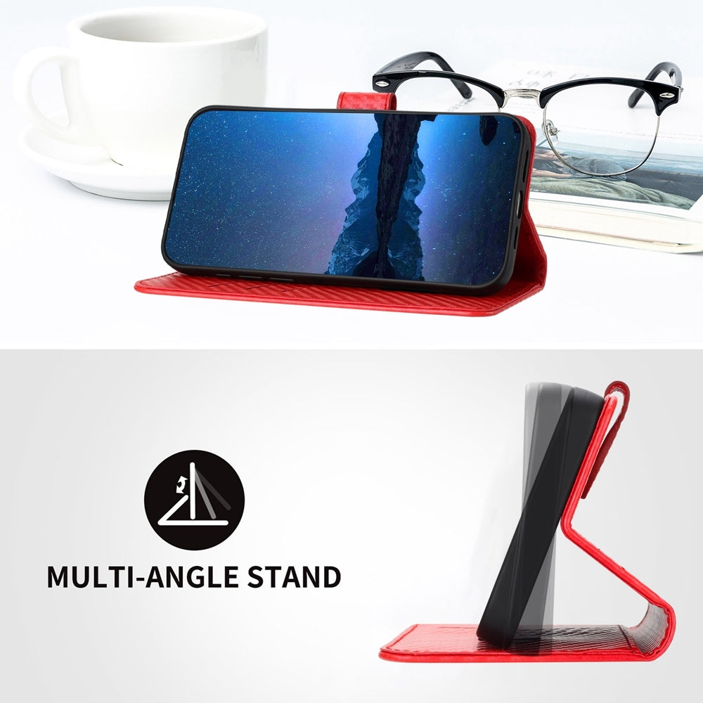 Motorola Moto G73 Carbon Fiber Buckle Leather Phone Case with Lanyard, PU Leather TPU Wallet Cover with Card Slot, Cash Compartment, Stand Function & Scratch Protection