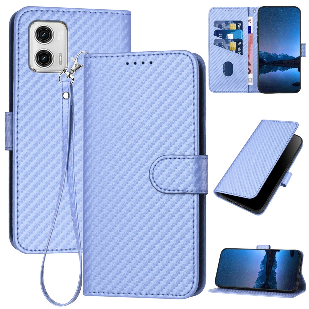 Motorola Moto G73 Carbon Fiber Buckle Leather Phone Case with Lanyard, PU Leather TPU Wallet Cover with Card Slot, Cash Compartment, Stand Function & Scratch Protection