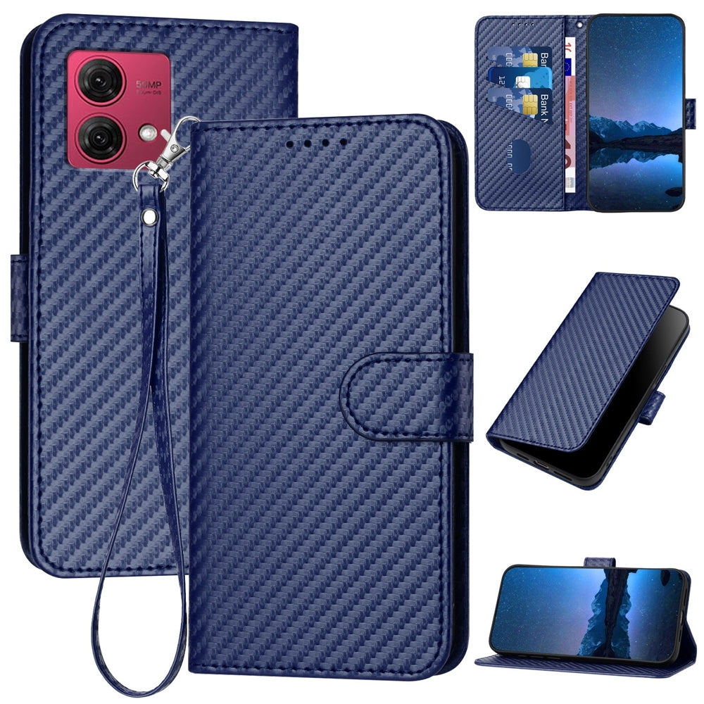 Motorola Moto G84 5G Carbon Fiber Buckle Leather Phone Case with Lanyard, PU Leather TPU Wallet Cover with Card Slot, Cash Compartment, Stand Function & Scratch Protection
